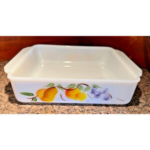 Vintage Anchor Hocking Fruit Pattern 8" Square Glass Cake Pan Baking Dish USA